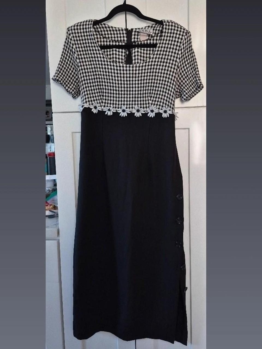 Black & White Gingham Bodice Maxi Dress with Floral Trim